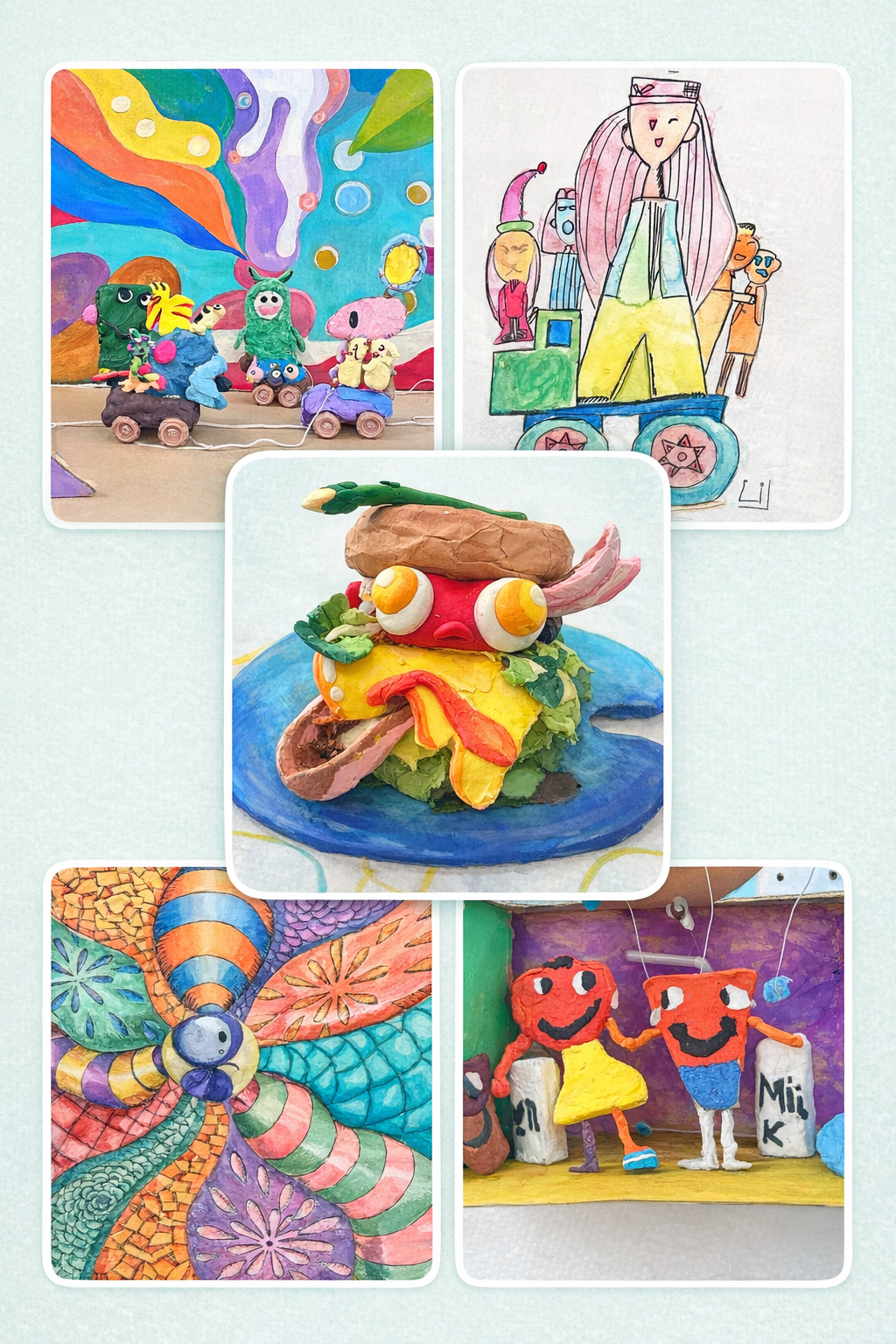 造形絵画教室アトリエミュレット(三軒茶屋)で制作された子どもたちの作品コラージュ。粘土の立体作品や水彩イラスト、色彩豊かな抽象画など、多様な表現が並ぶ展示イメージ。